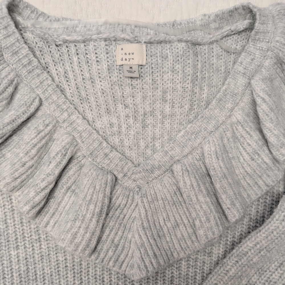 Gray Ruffled V-Neck Sweater - Picture 2 of 3